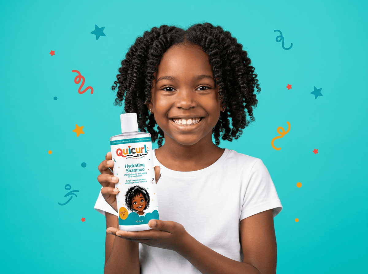 Quicurl kid with bouncy curls and coils laughing