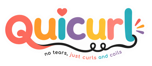 Colorful logo of 'Quicurl' with text 'no tears, just curls and coils' on a white background